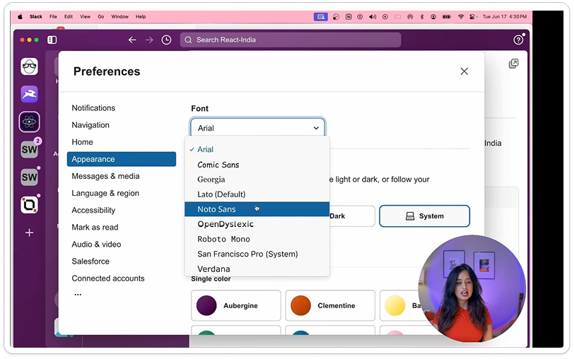Font selection feature in Slack